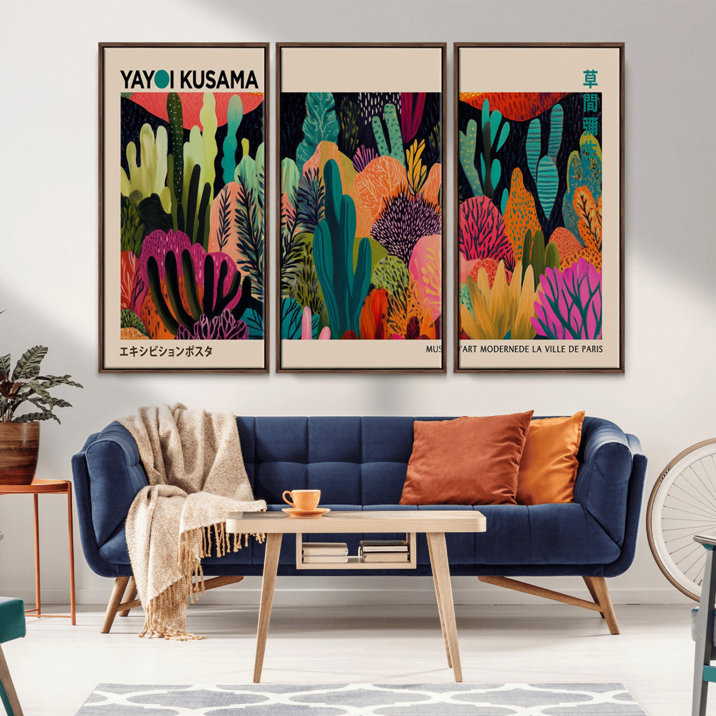 45711-MGV-FC-48X32-3P_Walnut-Yayoi Kusama Wall Art Canvas Print, Framed Abstract Yayoi Kusama Art Picture Print, Japanese Wabi Sabi Perfect Modern Abstract