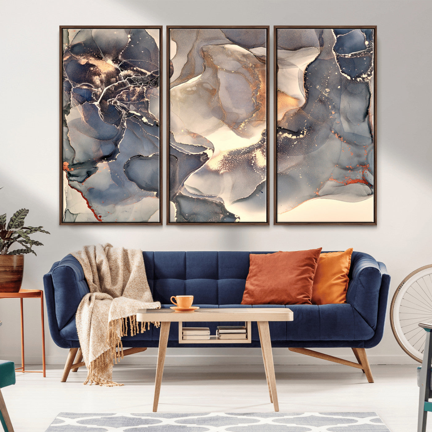 18202-MGV-CV-36X24-Abstract Neutral Wall Art – Blue, Beige and Gold Fluid Ink Canvas Print, Modern Minimalist Painting for Living Room, Office
