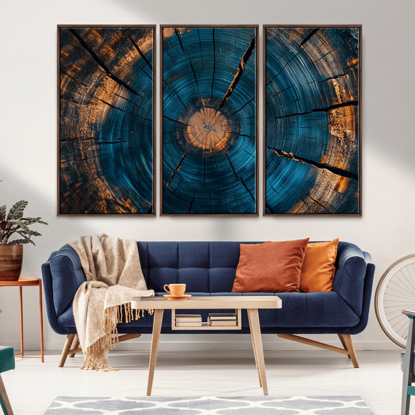 13398-MGV-CV-36X24-Tree Ring Wall Art – Abstract Wood Grain Canvas Print with Blue and Orange Accents, Rustic Nature Inspired Artwork for Living