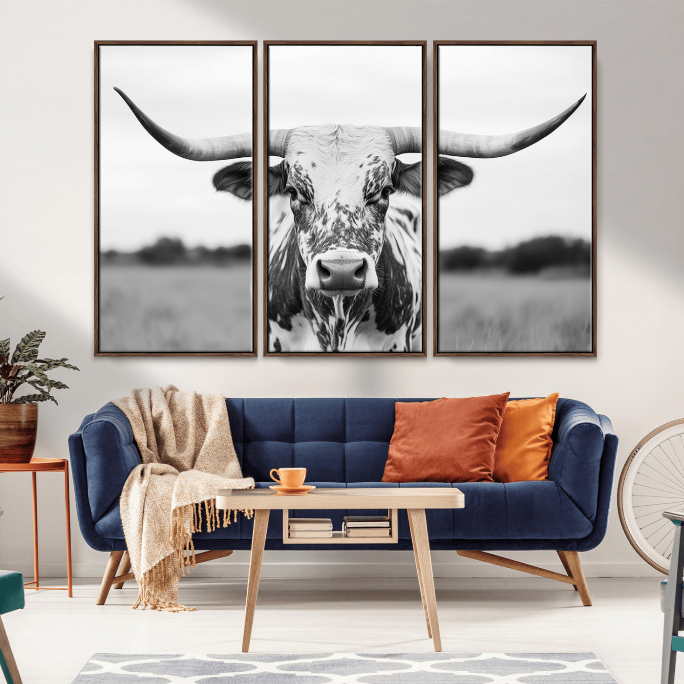 20272-MGV-FC-48X32-3P_Walnut-Highland Cow Wall Art – Black and White Western Longhorn Canvas Print, Farmhouse Living Room Decor Southwestern Animal Artwork for