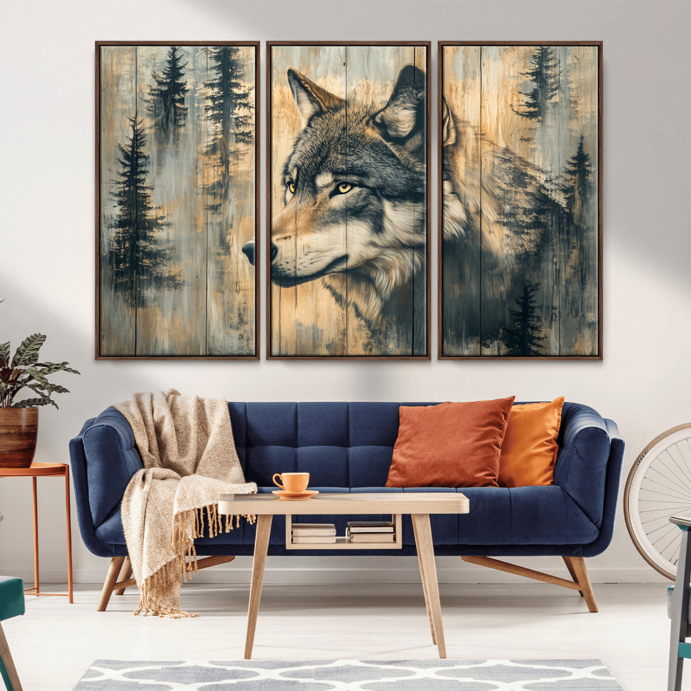 51892-MGV-CV-36X24-Wolf Wall Art – Rustic Canvas Print of Wolf with Forest Trees on Wood Texture, Wildlife Lodge Artwork for Living Room, Bedroom,