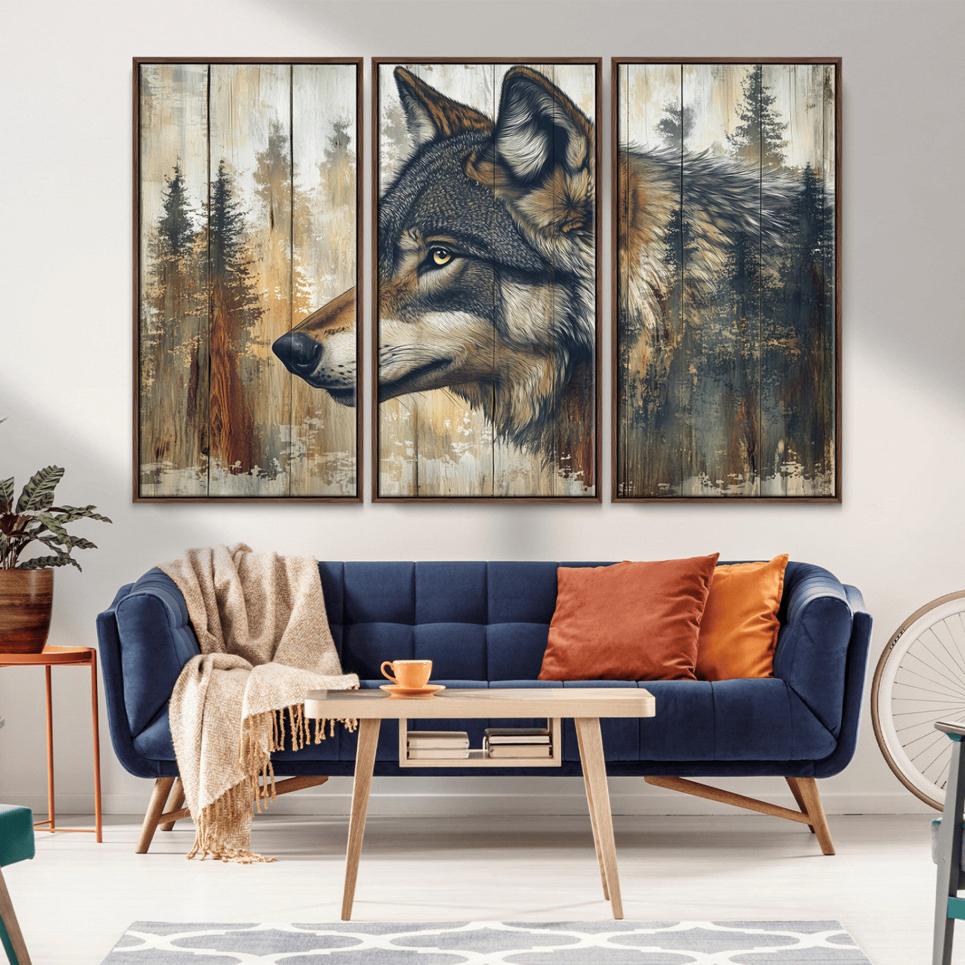 91882-MGV-CV-36X24-Wolf Wall Art – Rustic Canvas Print of Forest Wolf on Wood Background, Wildlife Lodge Artwork for Living Room, Bedroom, Cabin, or