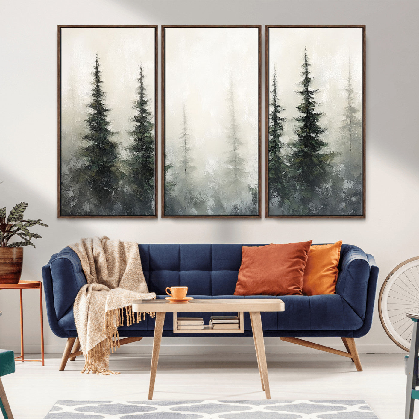 33241-MGV-FC-48X32-3P_Walnut-Misty Forest Wall Art Canvas Print, Framed Foggy Pines Art Picture Print, Forest Haze Perfect Rustic Minimalist Decor Artwork