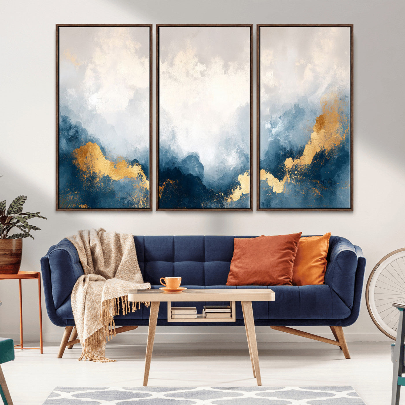14578-MGV-CV-36X24-Abstract Wall Art – Modern Canvas Print Featuring Blue and White Clouds with Golden Accents, Contemporary Elegant Artwork for