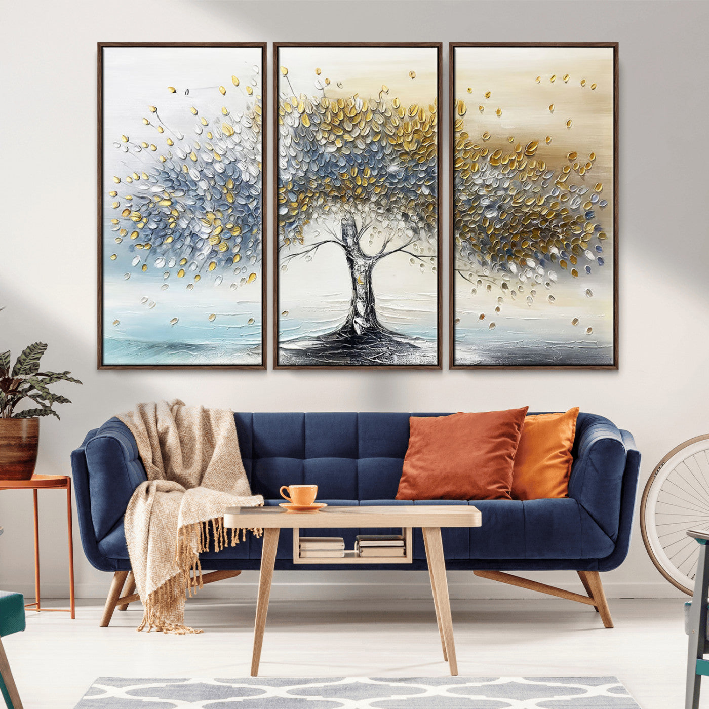 24771-MGV-CV-36X24-Silver Tree Wall Art Canvas Print, Framed Golden Leaves Art Picture Print, Metallic Tree Perfect Minimalist Luxury Decor Artwork