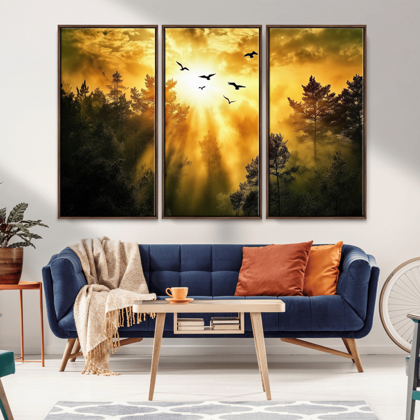 13776802-MGV-FC-48X32-3P_Walnut-Golden Forest Wall Art Canvas Print, Framed Sunset Pines Art Picture Print, Flying Birds Perfect Nature Glow Decor Artwork