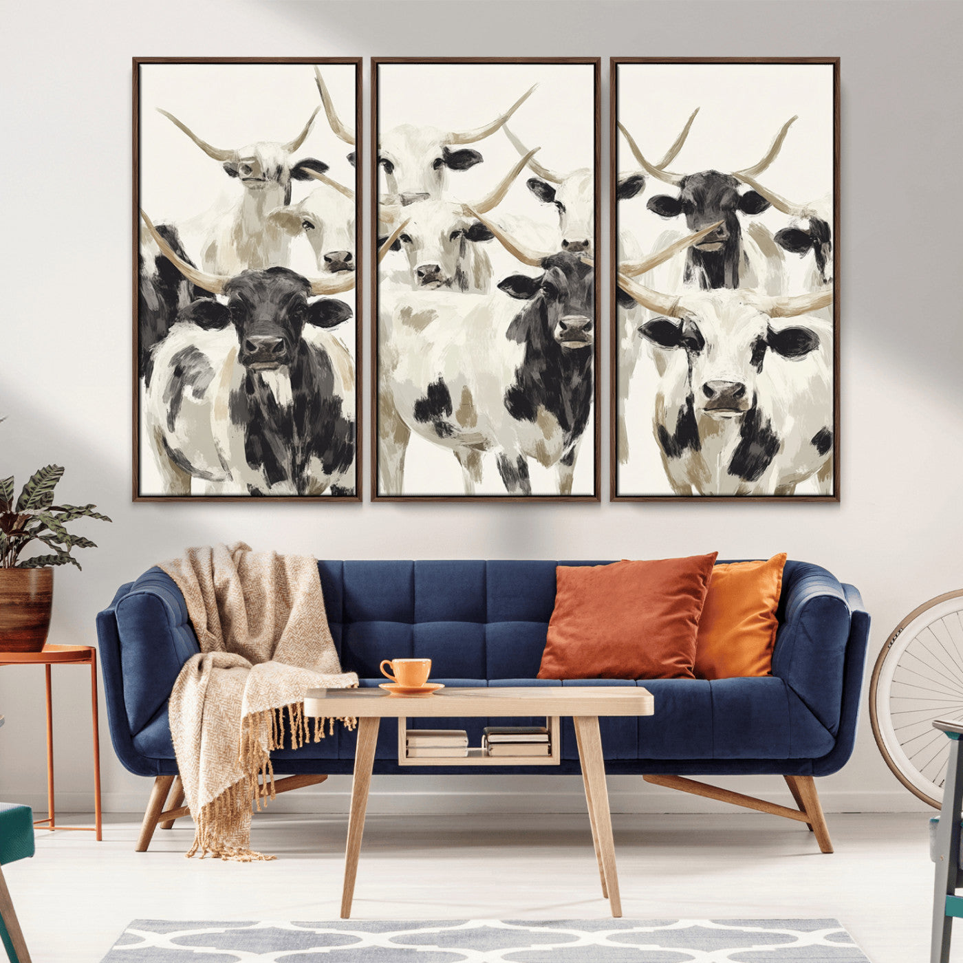 52947970-MGV-FC-48X32-3P_Walnut-Texas Longhorn Wall Art Canvas Print, Framed Cattle Herd Art Picture Print, Herd Portrait Perfect Modern Farmhouse Decor Artwork