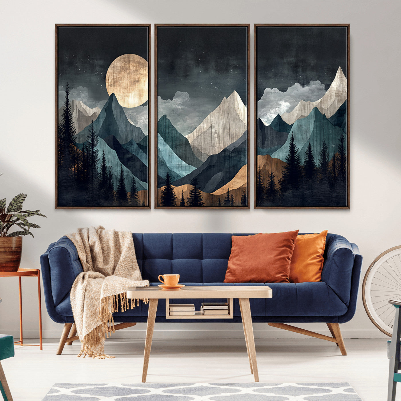 11060882-MGV-CV-36X24-Moonlit Mountains Wall Art Canvas Print, Framed Forest Silhouette Art Picture Print, Night Landscape Perfect Modern Forest Decor