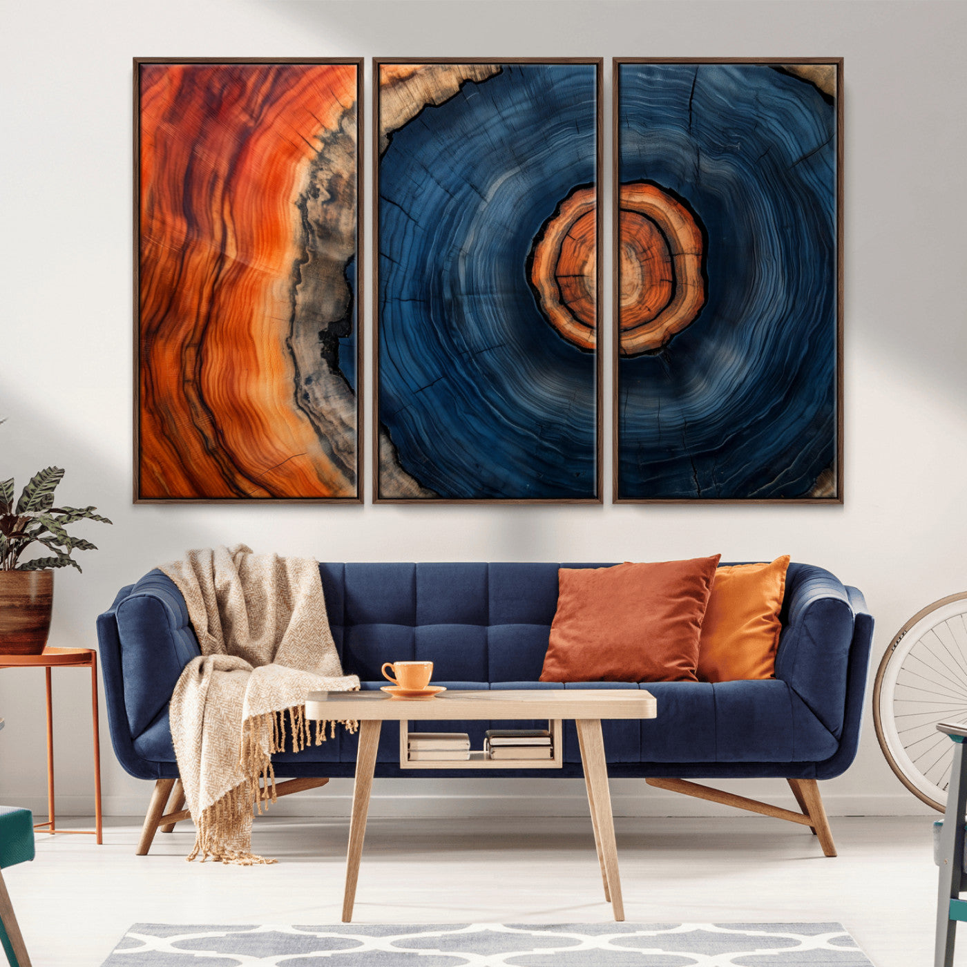 72209152-MGV-CV-36X24-Abstract Tree Ring Wall Art – Vibrant Blue Orange Wood Grain Canvas Print, Rustic Modern Nature Artwork for Living Room, Office,