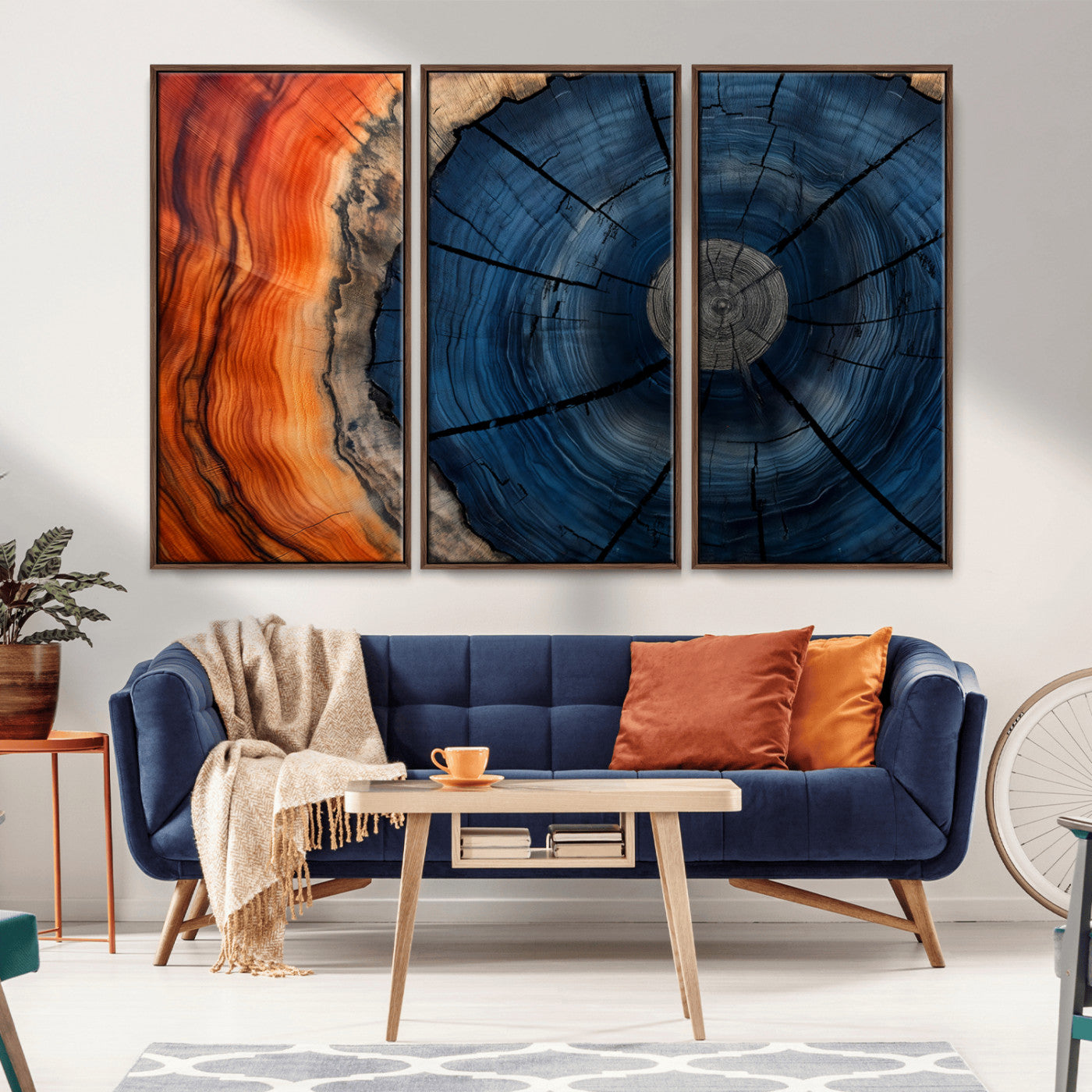 26110607-MGV-CV-36X24-Blue and Orange Tree Ring Wall Art – Abstract Wood Cross Section Canvas Print, Modern Rustic Nature Decor for Living Room, Office,