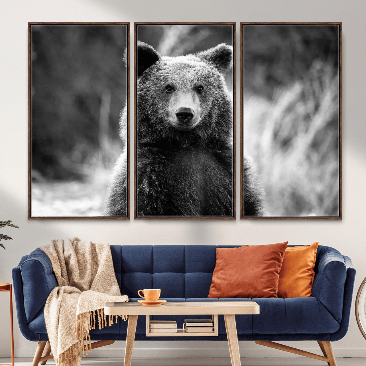 MGV-FC-48X32-3P - Grizzly Bear Wall Art Canvas Print, Framed Black White Bear Art Picture Print, Wild Bear Perfect Rustic Wildlife Decor Artwork