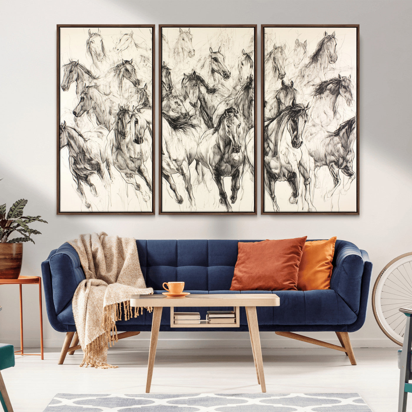 19433417-MGV-CV-36X24-Running Horses Wall Art Canvas Print, Framed Horse Sketch Art Picture Print, Galloping Herd Perfect Monochrome Western Decor