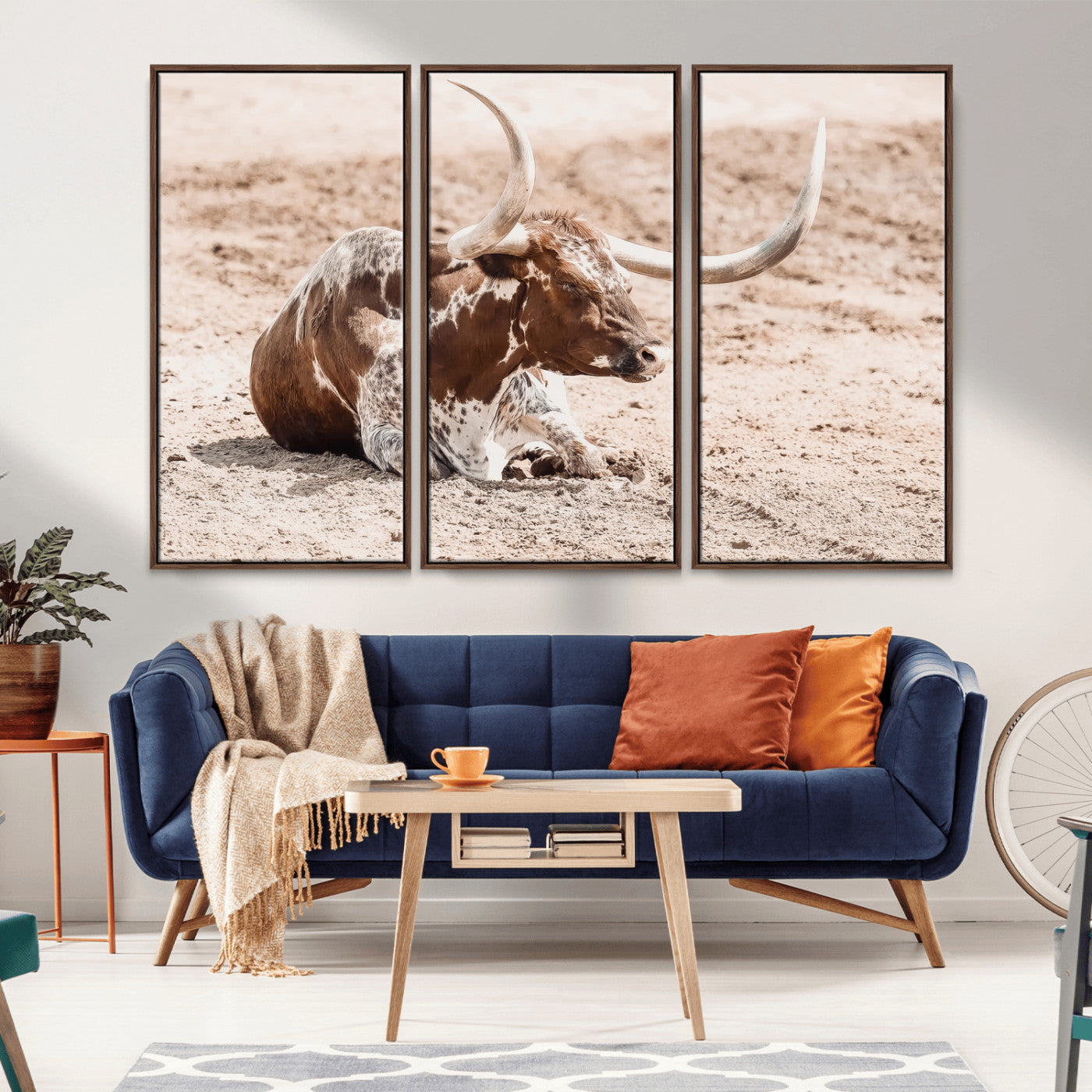 25407592-MGV-FC-48X32-3P_Walnut-Texas Longhorn Wall Art Canvas Print, Framed Resting Bull Art Picture Print, Spotted Cattle Perfect Rustic Western Decor Artwork