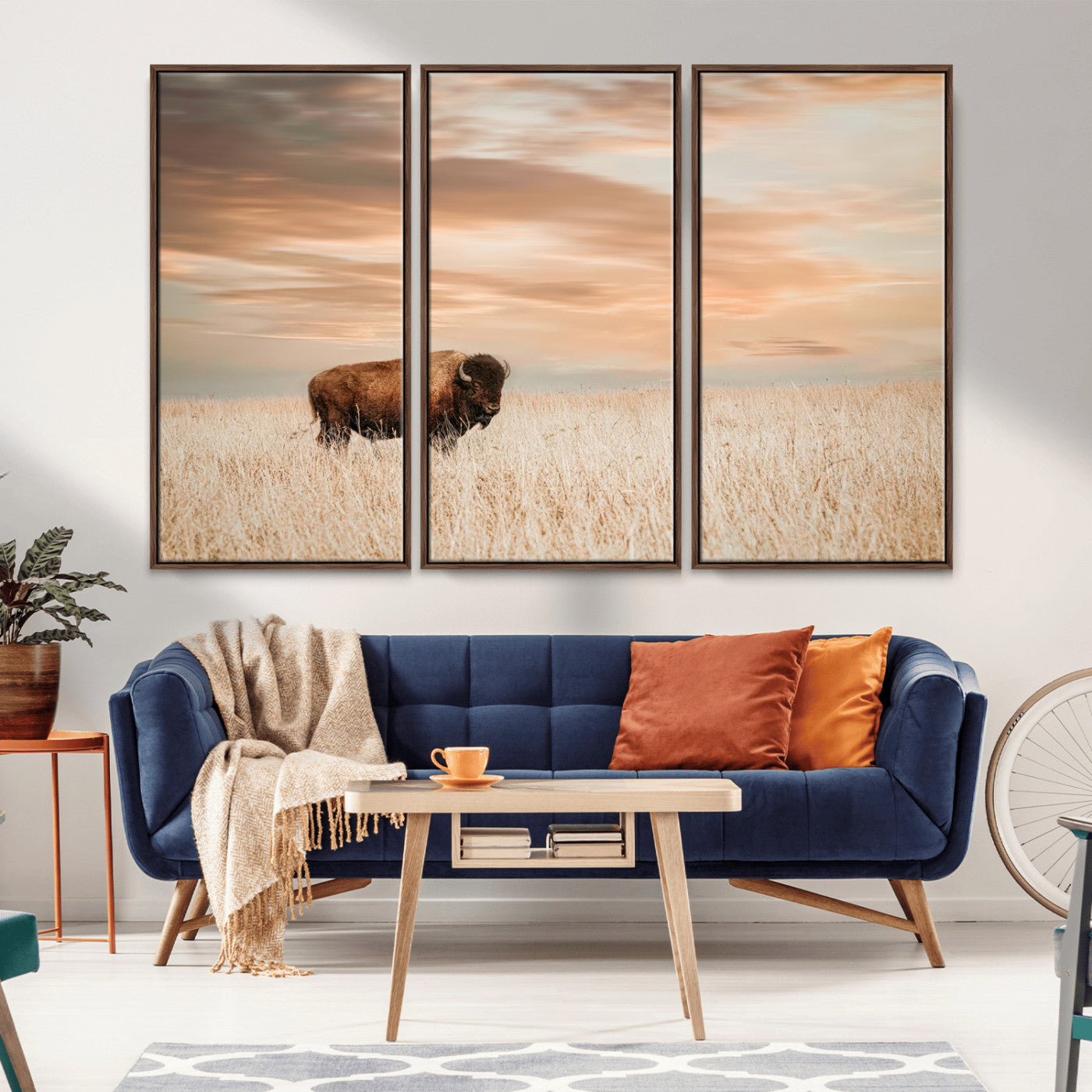 87282289-MGV-FC-48X32-3P_Walnut-Bison Wall Art Canvas Print, Framed Buffalo Art Picture Print, Western Prairie Perfect Rustic Decor Artwork