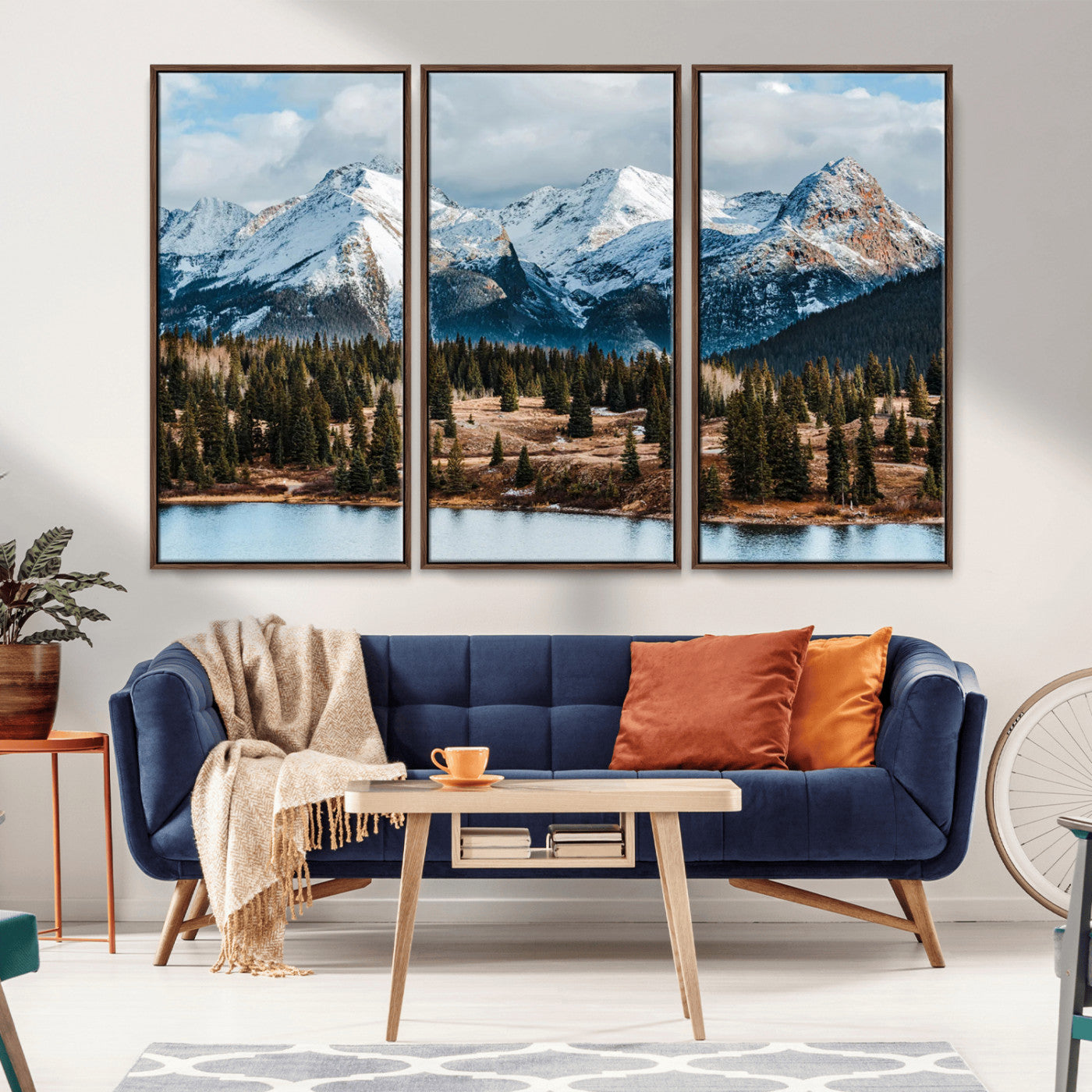 36247746-MGV-FC-48X32-3P_Walnut-Snowy Peaks Wall Art Canvas Print, Framed Alpine Lake Art Picture Print, Pine Forest Perfect Alpine Wilderness Decor Artwork