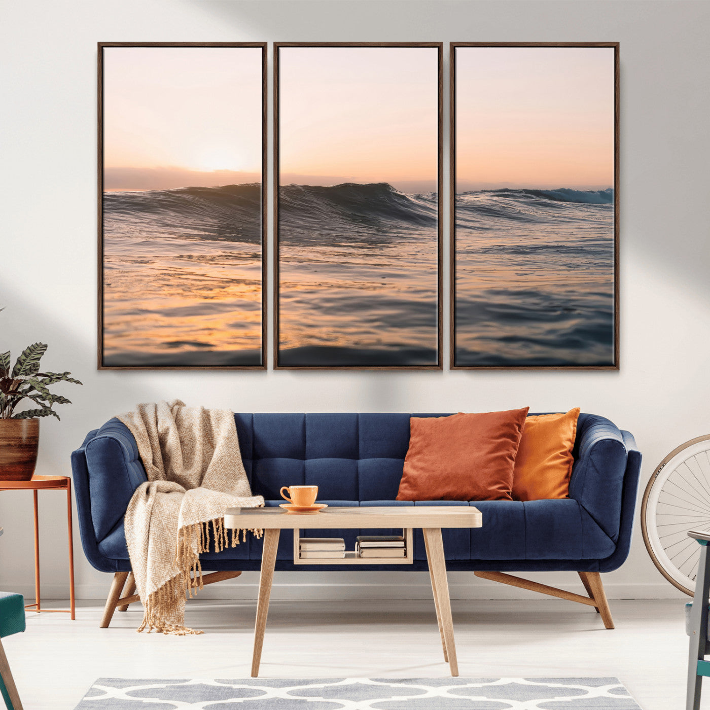46299358-MGV-FC-48X32-3P_Walnut-Sunset Waves Wall Art Canvas Print, Framed Ocean Horizon Art Picture Print, Golden Water Perfect Golden Hour Coastal Decor Artwork