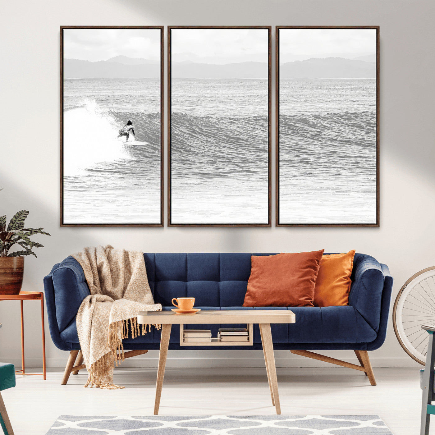 81535128-MGV-CV-36X24-Surfer Woman Wall Art Canvas Print, Framed Black Ocean Art Picture Print, Ocean Surfing Perfect Monochrome Coastal Decor Artwork
