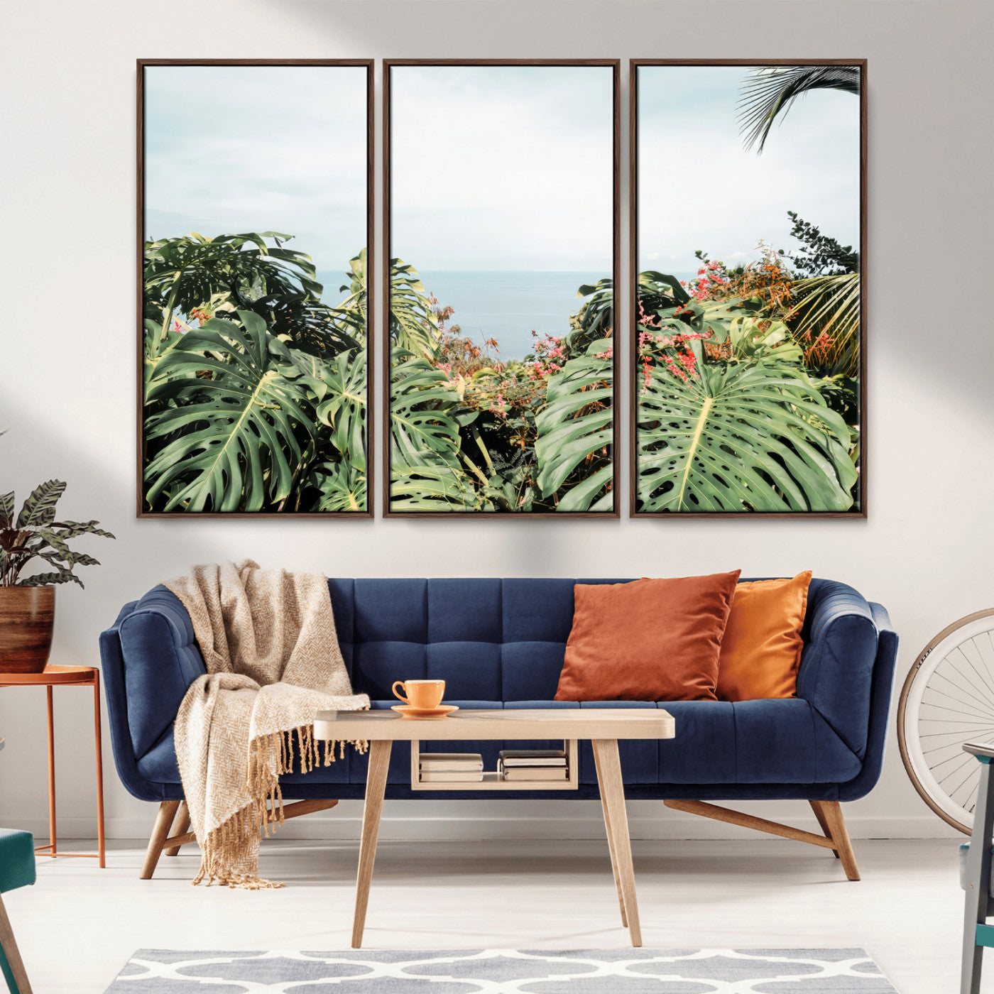 45700479-MGV-FC-48X32-3P_Walnut-Monstera Leaves Wall Art Canvas Print, Framed Tropical Ocean Art Picture Print, Tropical Foliage Perfect Tropical Coastal Jungle