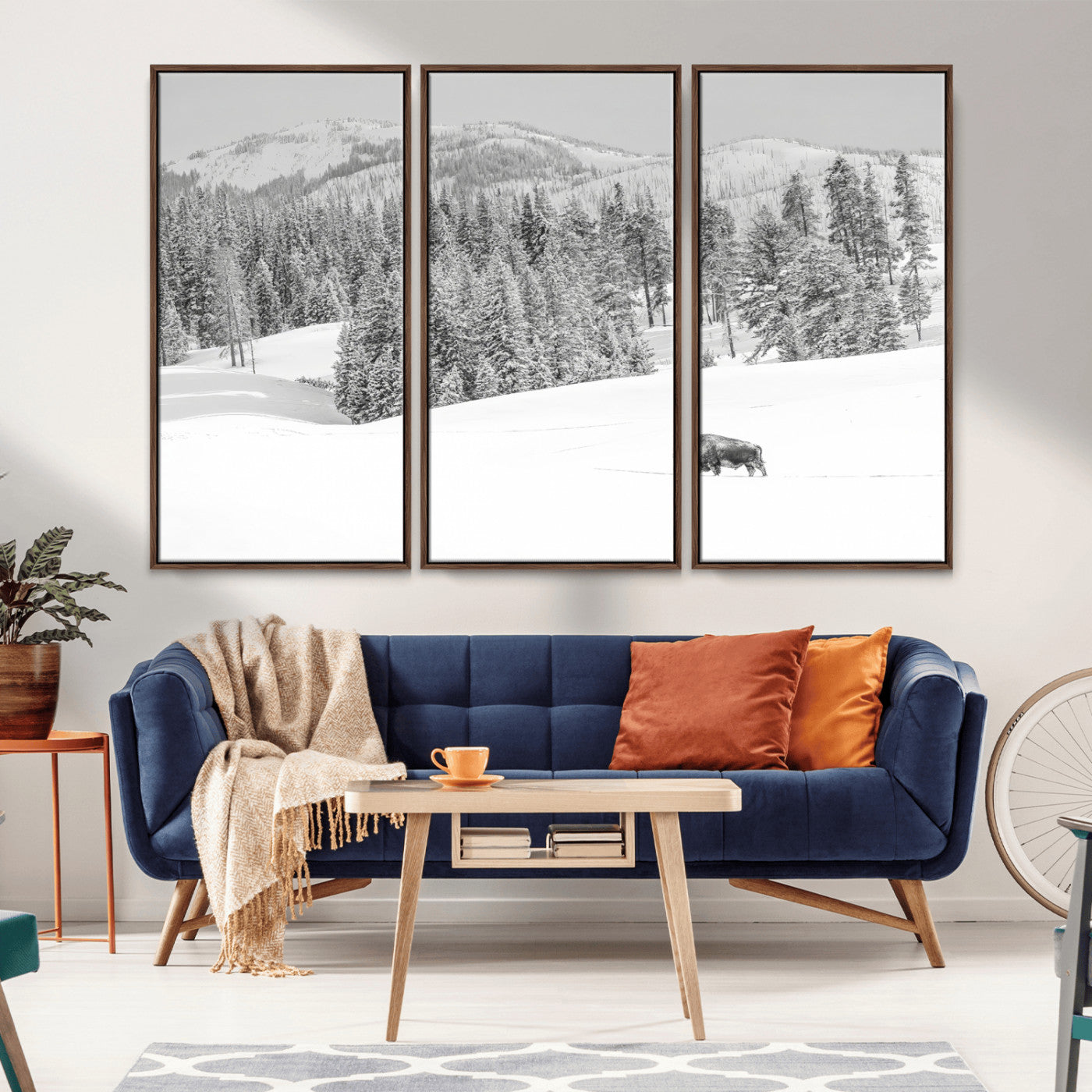 68081143-MGV-CV-36X24-Snowy Bison Wall Art Canvas Print, Framed Winter Forest Art Picture Print, Lone Bison Perfect Monochrome Winter Wild Decor Artwork