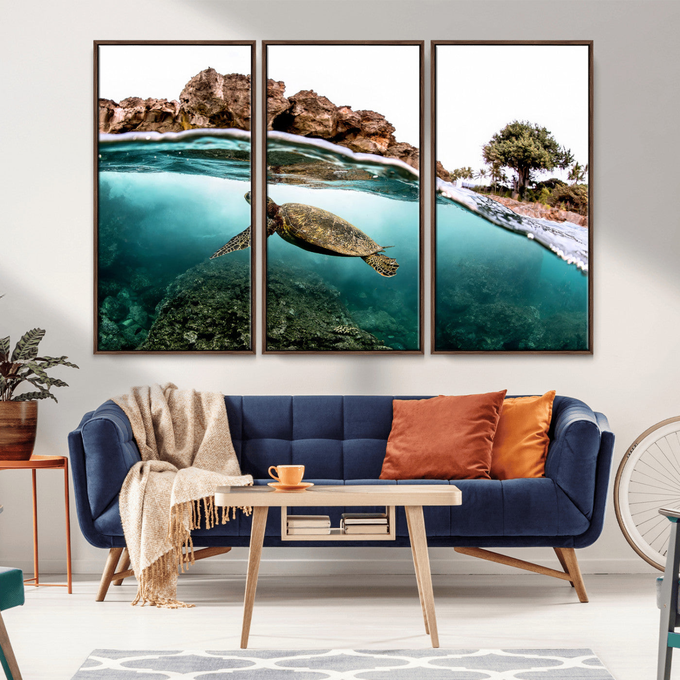 44200301-MGV-CV-36X24-Sea Turtle Swim Wall Art Canvas Print, Framed Ocean Life Art Picture Print, Tropical Shoreline Perfect Tropical Coastal Decor