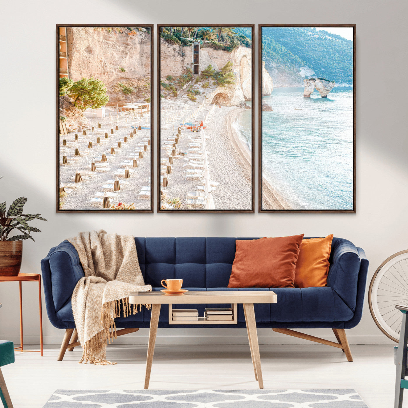 84816639-MGV-FC-48X32-3P_Walnut-Mediterranean Beach Wall Art Canvas Print, Framed Airy Coastal Art Picture Print, Summer Shore Perfect Coastal Retreat Decor