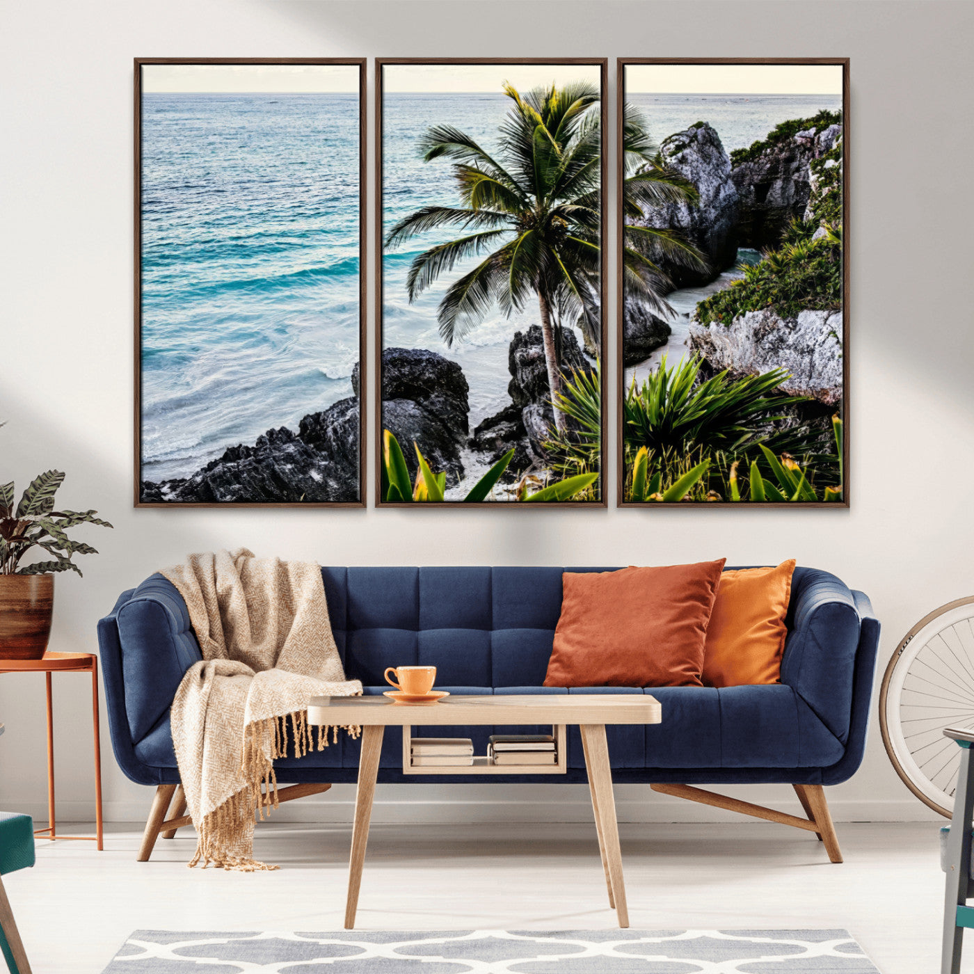 94669907-MGV-FC-48X32-3P_Walnut-Tropical Coastline Wall Art Canvas Print, Framed Palm Tree Art Picture Print, Rocky Beach Perfect Tropical Coastal Decor Artwork