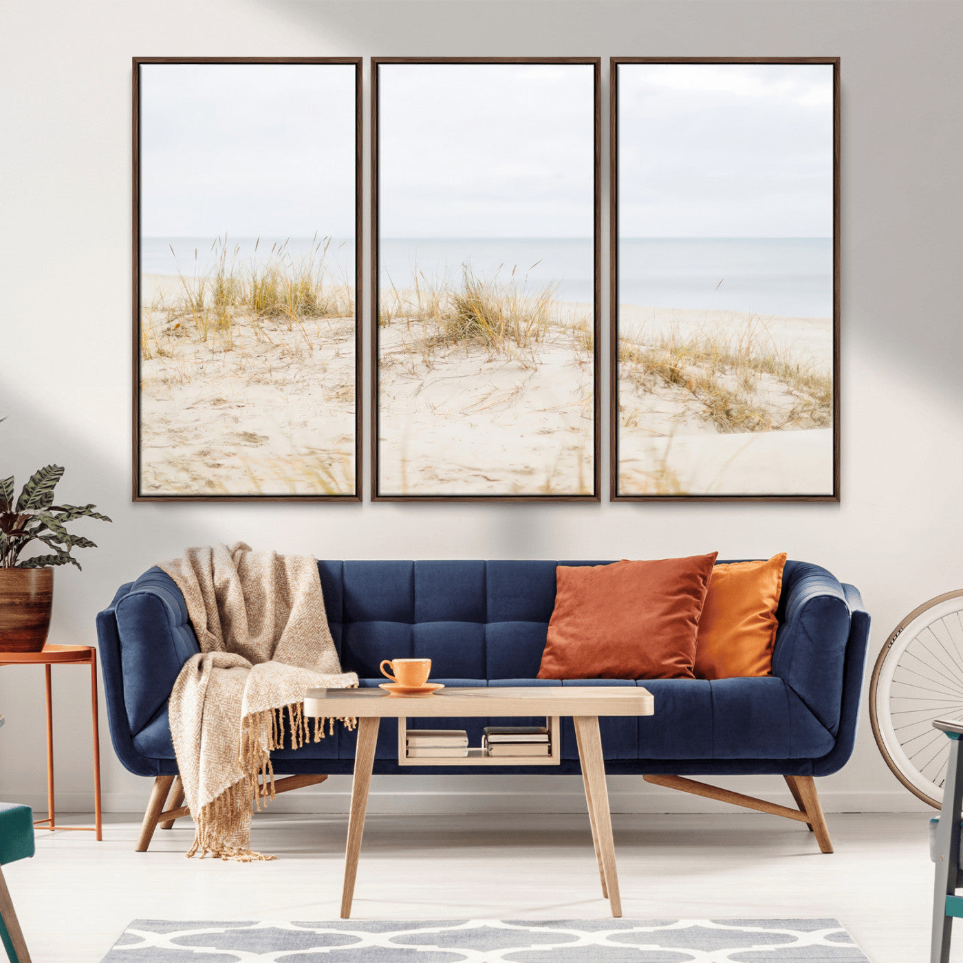 13146857-MGV-FC-48X32-3P_Walnut-Beach Dunes Wall Art Canvas Print, Framed Soft Horizon Art Picture Print, Coastal Grass Perfect Minimalist Coastal Decor Artwork