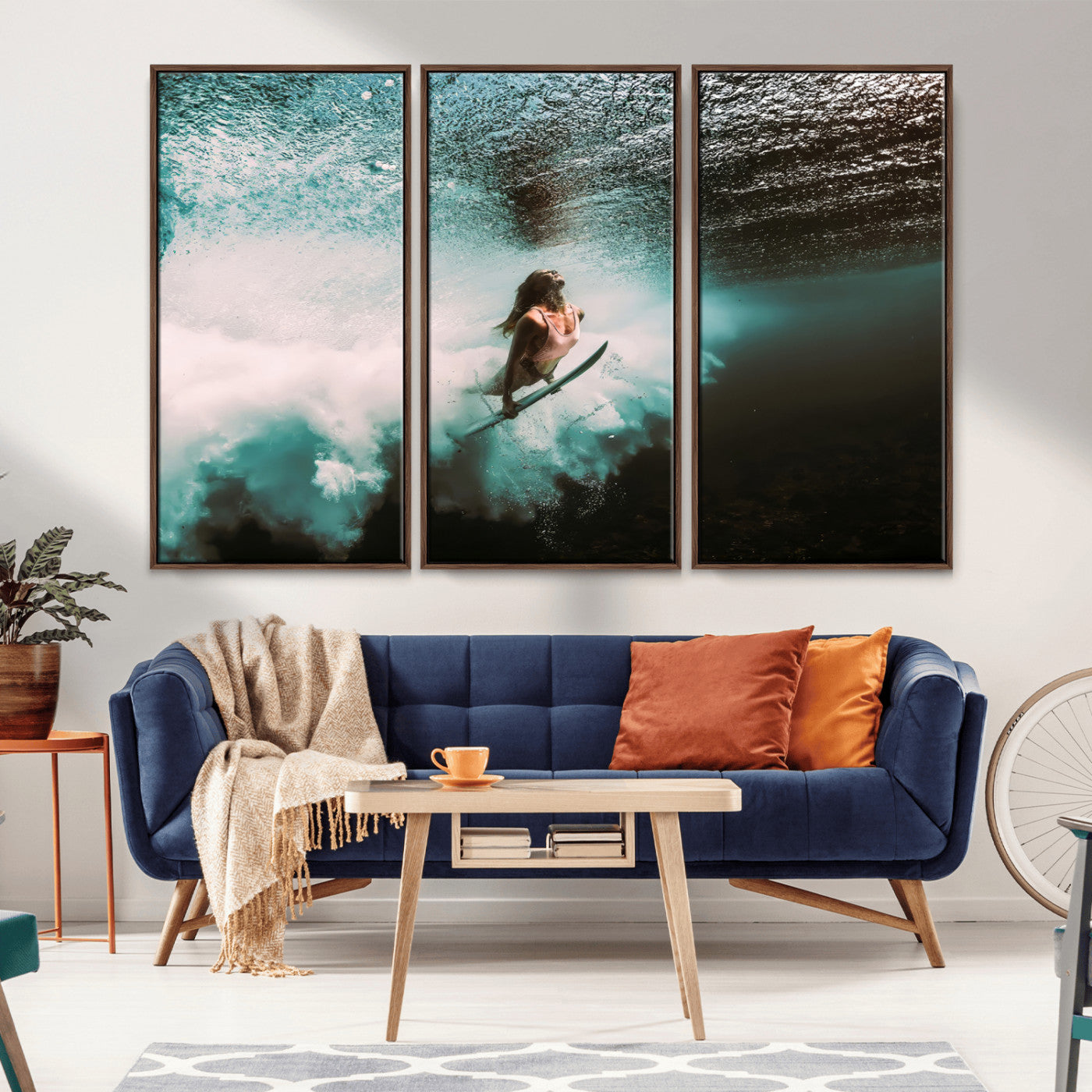85923512-MGV-FC-48X32-3P_Walnut-Aquatic Motion Wall Art Canvas Print, Framed Underwater Swimming Art Picture Print, Female Surfer Diving Perfect Coastal Boho