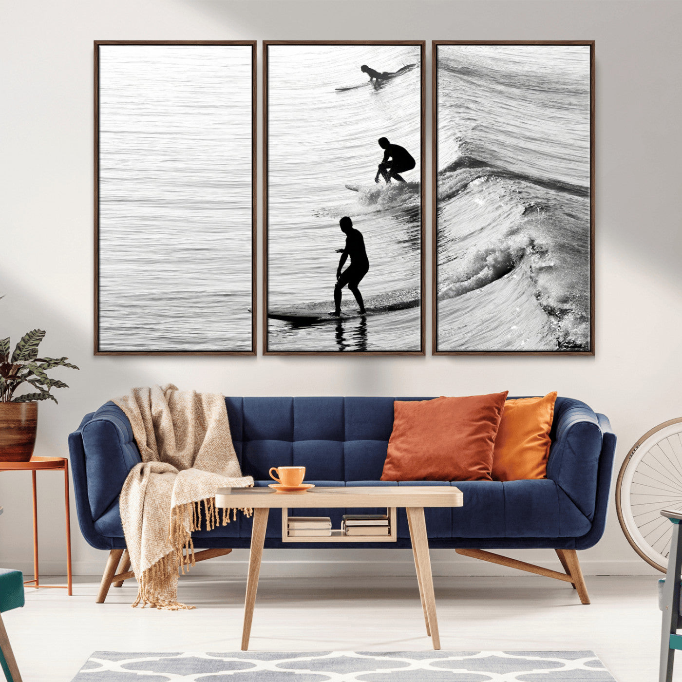 19875284-MGV-FC-48X32-3P_Walnut-Surfer Waves Wall Art Canvas Print, Framed Black White Surf Art Picture Print, Monochrome Ocean Perfect Modern Coastal Decor