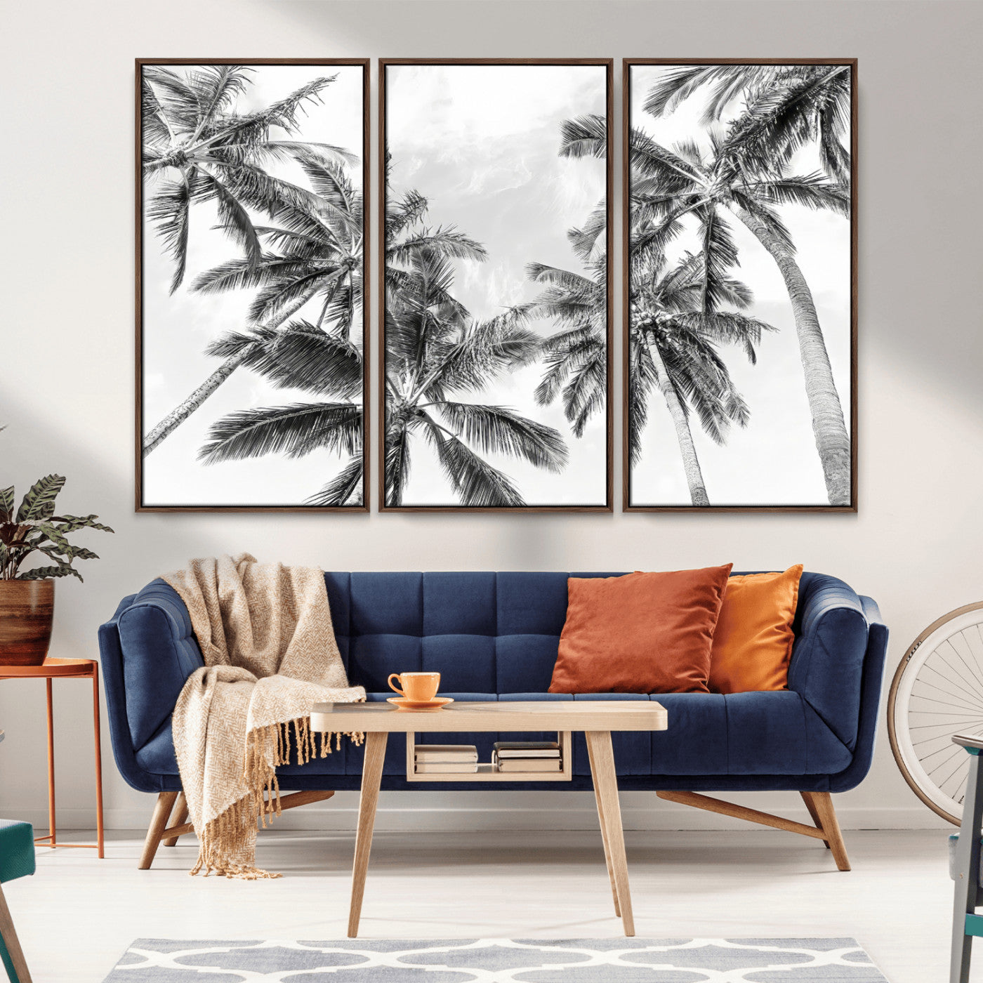 62113786-MGV-FC-48X32-3P_Walnut-Black White Palm Wall Art Canvas Print, Framed Monochrome Tropics Art Picture Print, Minimalist Beach Perfect Coastal Minimalist