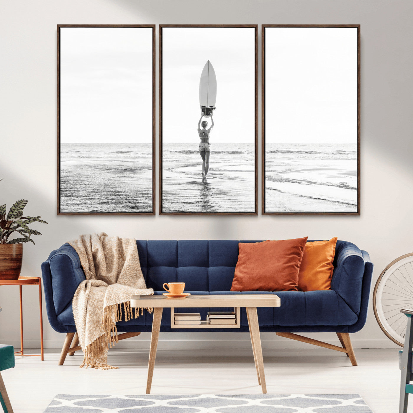 98446901-MGV-FC-48X32-3P_Walnut-Monochrome Surf Wall Art Canvas Print, Framed Minimalist Surfer Art Picture Print, Surfboard Silhouette Perfect Coastal Minimalist