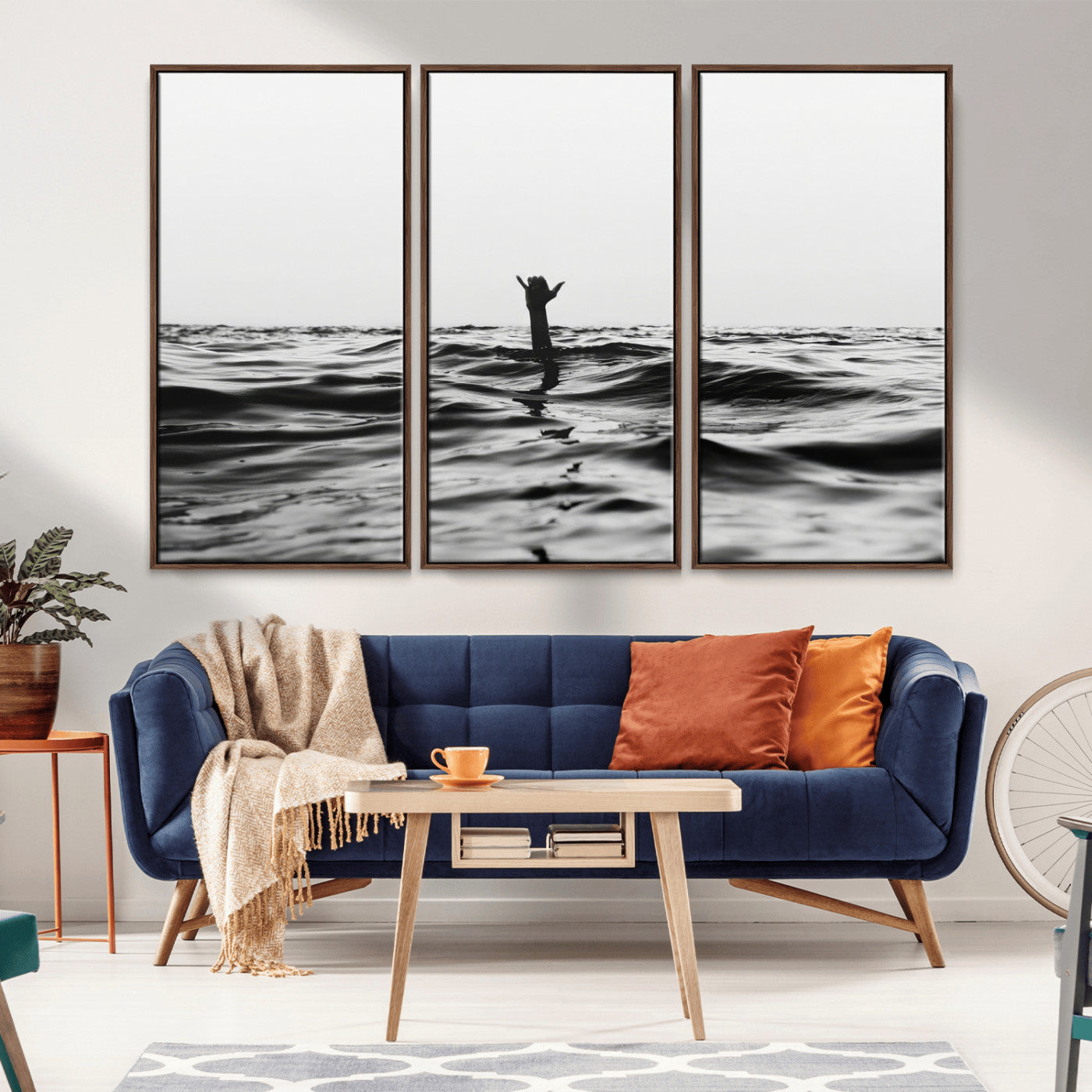 69541918-MGV-CV-36X24-Black White Ocean Wall Art Canvas Print, Framed Moody Seascape Art Picture Print, Surfer Sign Perfect Moody Minimalist Decor