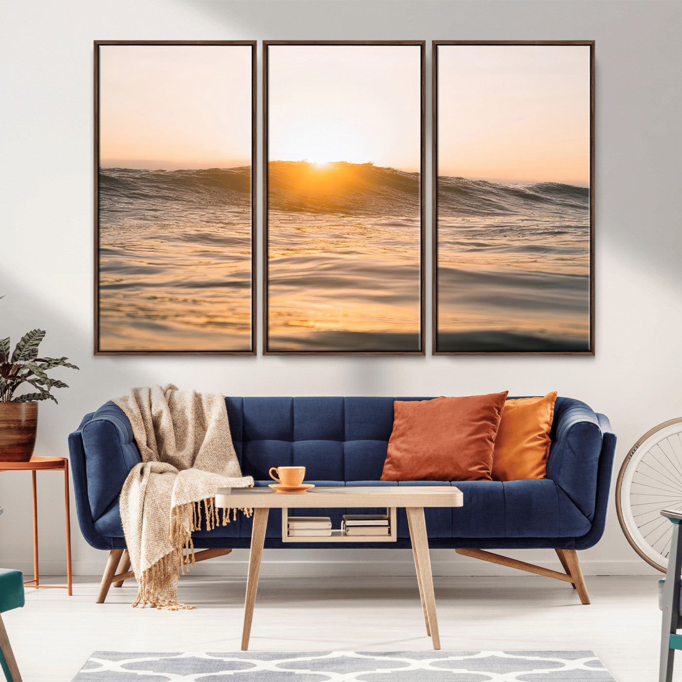16973771-MGV-FC-48X32-3P_Walnut-Calm Water Wall Art Canvas Print, Framed Sunset Waves Art Picture Print, Coastal Warmth Perfect Warm Minimalist Decor Artwork