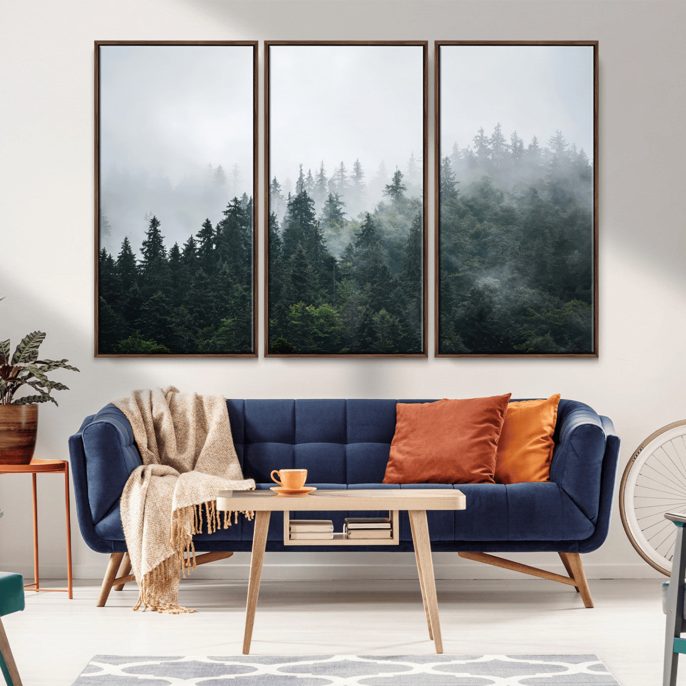 84146572-MGV-FC-48X32-3P_Walnut-Foggy Pine Trees Wall Art Canvas Print, Framed Forest Nature Art Picture Print, Evergreen Forest Perfect Scandinavian Minimalist