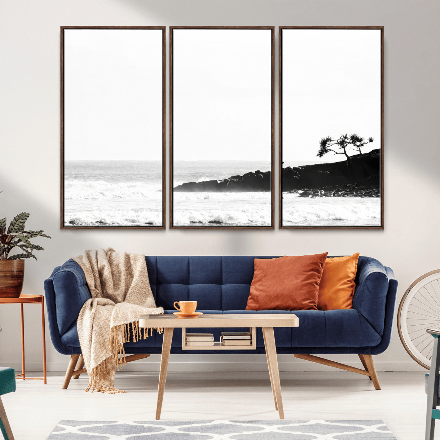 40875891-MGV-FC-48X32-3P_Walnut-SurferCliffs Wall Art Canvas Print, Framed Black White Beach Art Picture Print, Ocean Waves Perfect Minimalist Coastal Decor