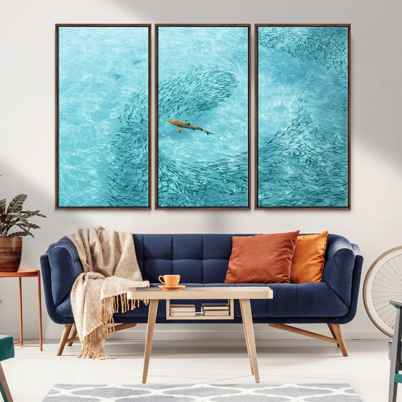 43671474-MGV-CV-36X24-Fish Swarm Wall Art Canvas Print, Framed Marine Life Art Picture Print, Shark Aerial Perfect Wildlife Coastal Decor Artwork
