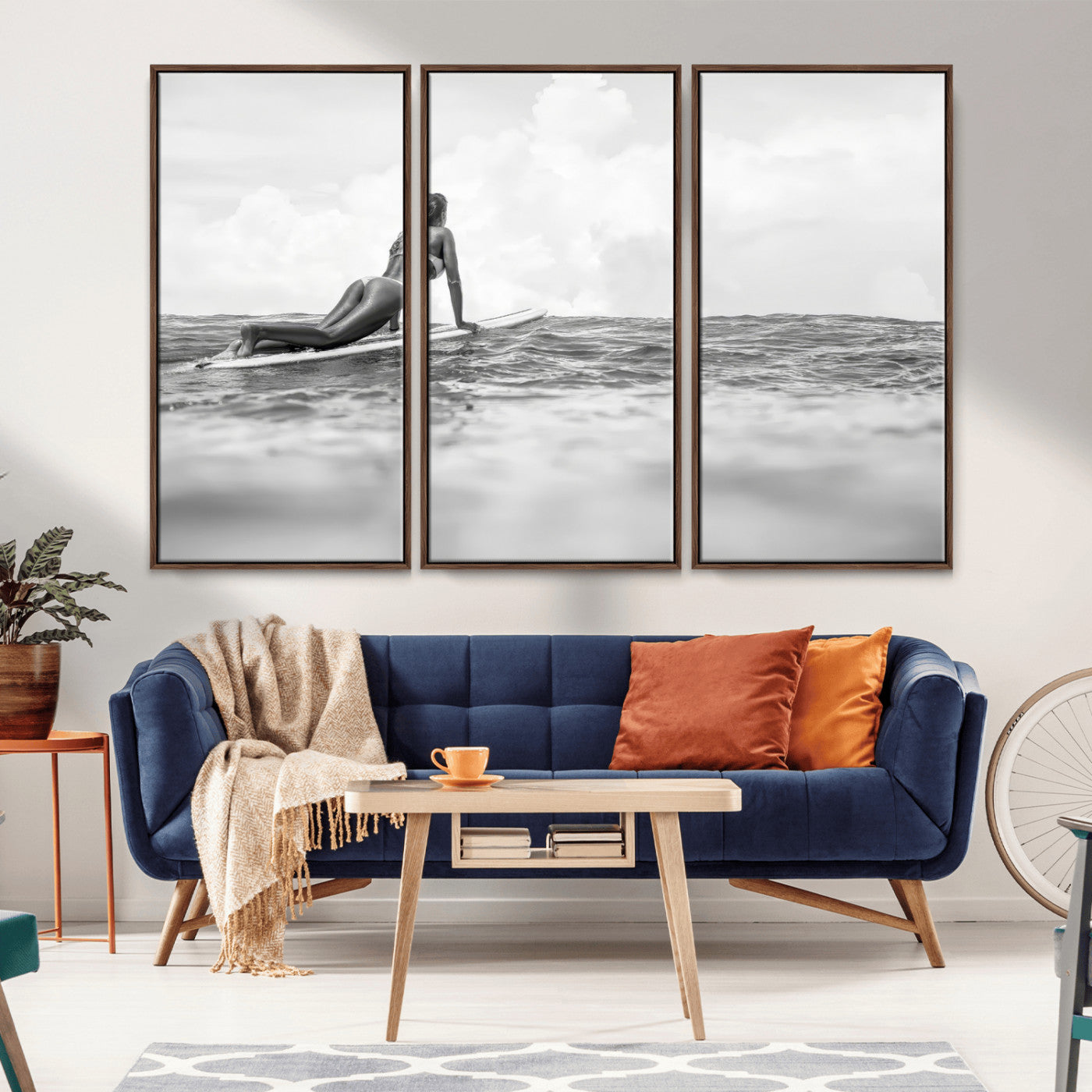 69798068-MGV-FC-48X32-3P_Walnut-Black White Surfing Wall Art Canvas Print, Framed Ocean Horizon Art Picture Print, Surfer Girl Perfect Coastal Adventure Decor