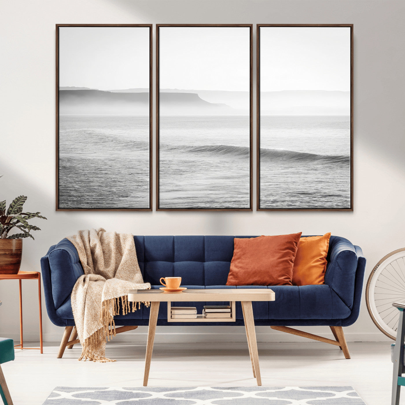 60635783-MGV-FC-48X32-3P_Walnut-Black White Seascape Wall Art Canvas Print, Framed Ocean Waves Art Picture Print, Misty Coastal Perfect Minimalist Coastal Decor