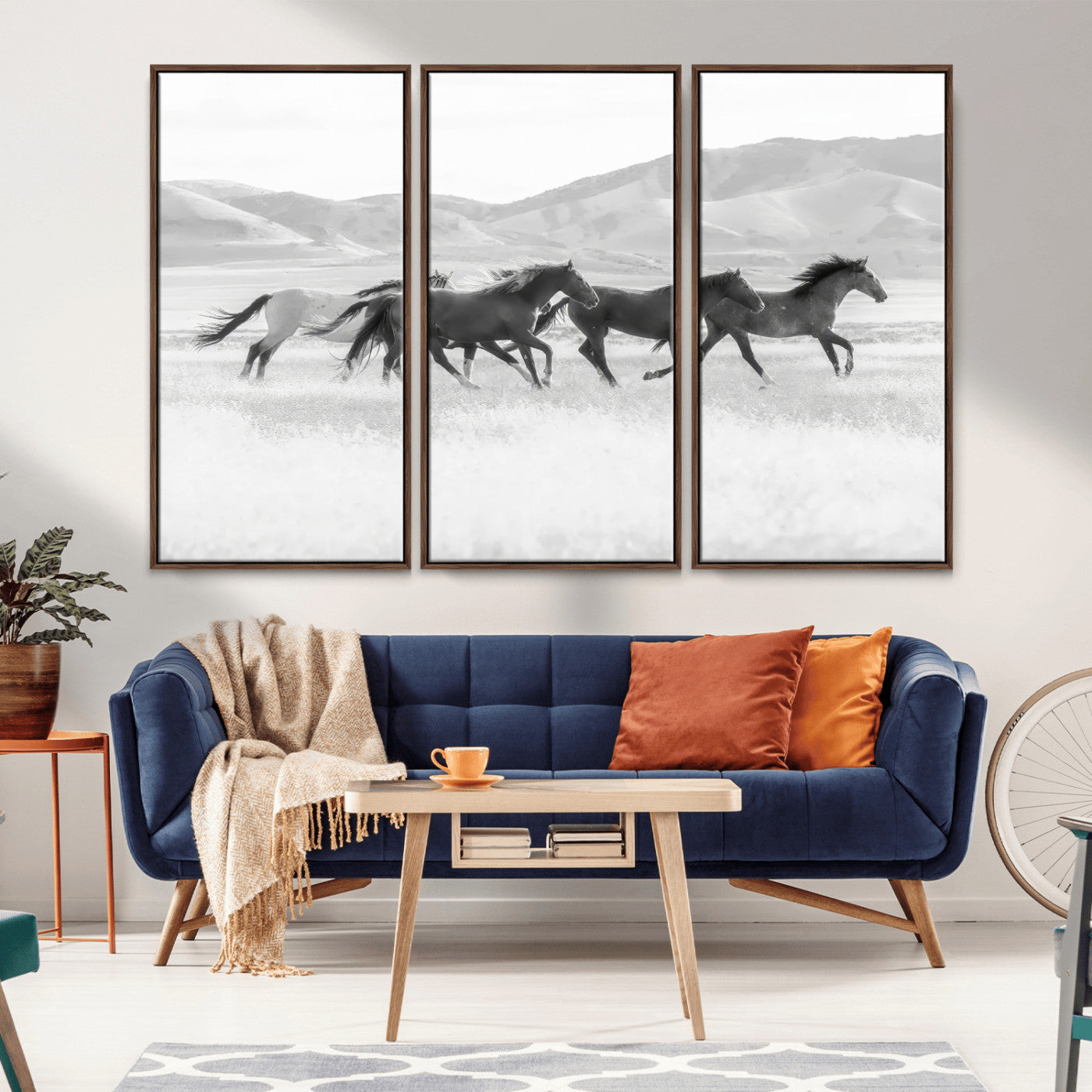 69934913-MGV-FC-48X32-3P_Walnut-Wild Horses Running Wall Art Canvas Print, Framed Black White Mustangs Art Picture Print, Rustic Western Perfect Rustic Western