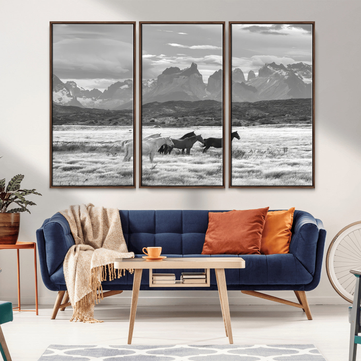 21655040-MGV-FC-48X32-3P_Walnut-Wild Horses Wall Art Canvas Print, Framed Black White Mountains Art Picture Print, Rustic Countryside Perfect Rustic Western Decor
