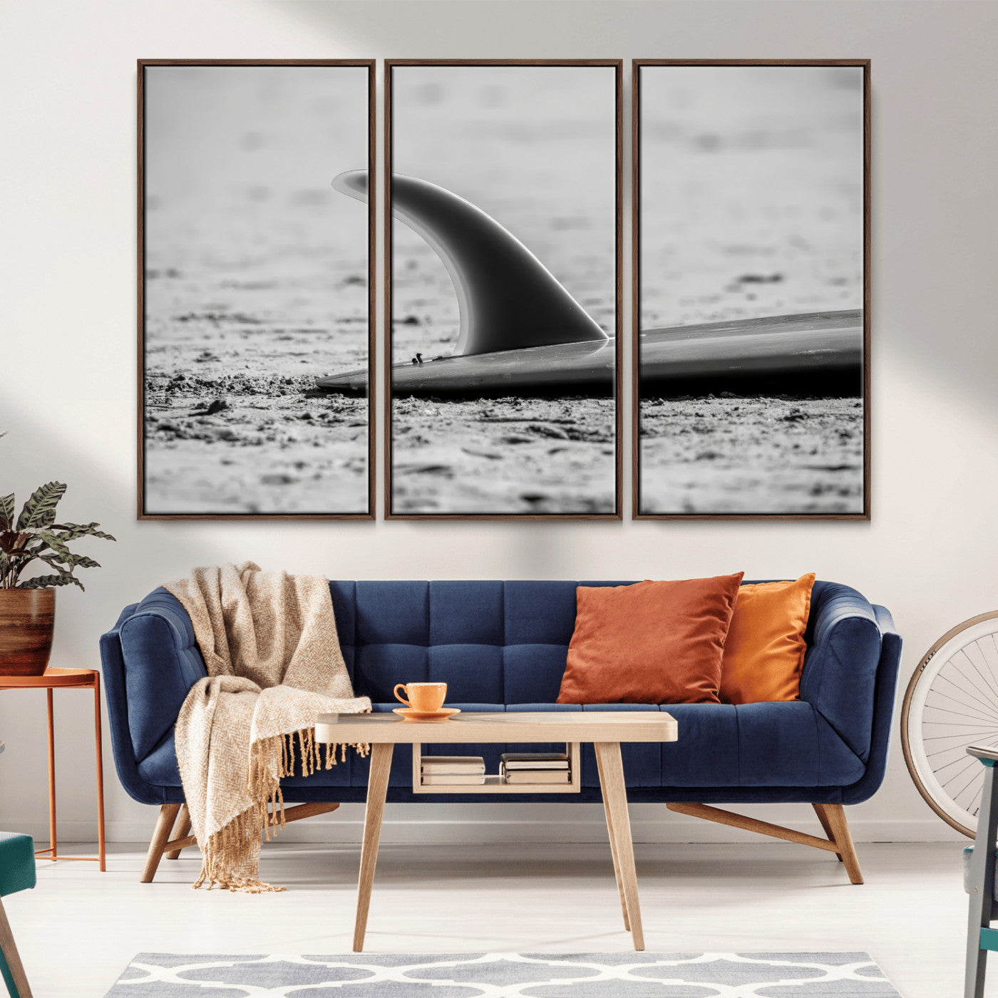 62314230-MGV-CV-36X24-Black White Surfboard Wall Art Canvas Print, Framed Minimalist Beach Art Picture Print, Surf Fin Perfect Minimalist Coastal Decor