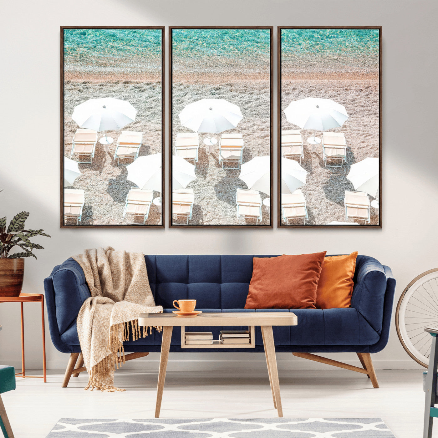 83736167-MGV-FC-48X32-3P_Walnut-Calm Beach Wall Art Canvas Print, Framed Turquoise Water Art Picture Print, Umbrella Shoreline Perfect Coastal Minimalist Decor