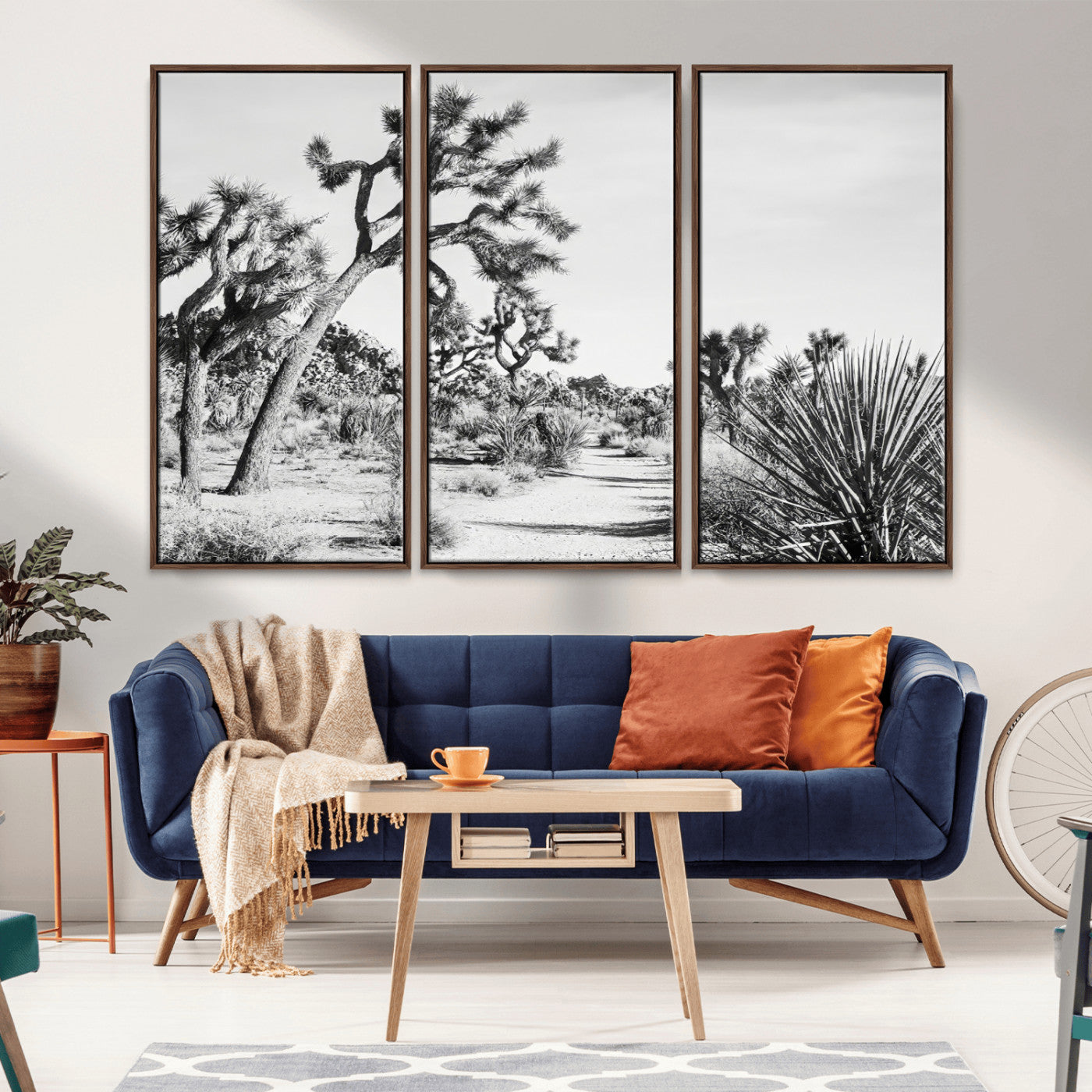 88164251-MGV-FC-48X32-3P_Walnut-Joshua Tree Wall Art Canvas Print, Framed Desert Path Art Picture Print, Monochrome Desert Perfect Minimalist Desert Decor Artwork
