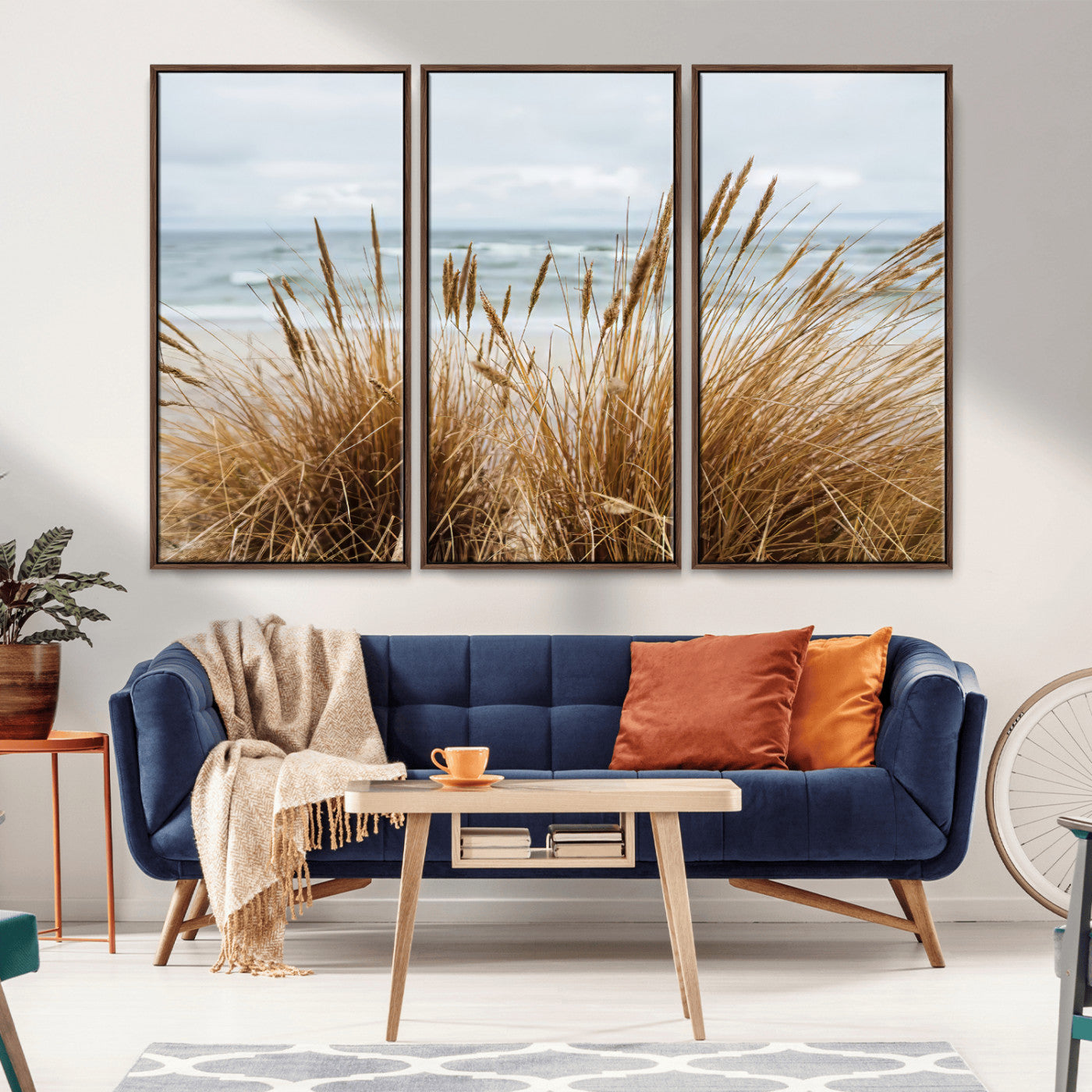 14270839-MGV-FC-48X32-3P_Walnut-Beach Grass Wall Art Canvas Print, Framed Coastal Dunes Art Picture Print, Dune Grass Perfect Coastal Minimalist Decor Artwork
