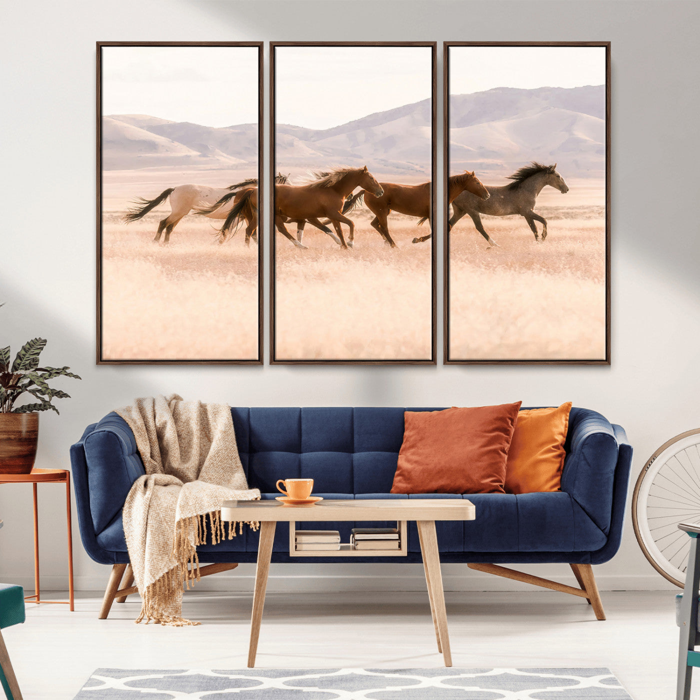 83644685-MGV-FC-48X32-3P_Walnut-Wild Horse Art Wall Art Canvas Print, Framed Rustic Western Art Picture Print, Desert Horse Scene Perfect Rustic Western Decor