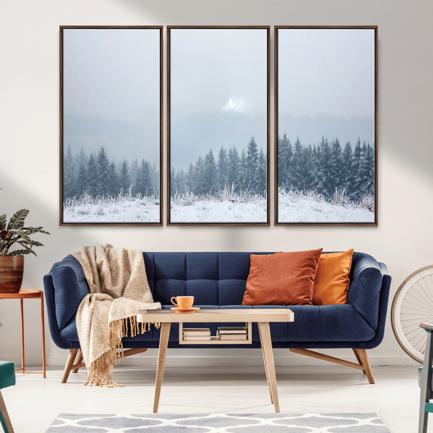 33033082-MGV-FC-48X32-3P_Walnut-Winter Forest Art Wall Art Canvas Print, Framed Snowy Landscape Art Picture Print, Misty Tree Scene Perfect Nordic Minimalist