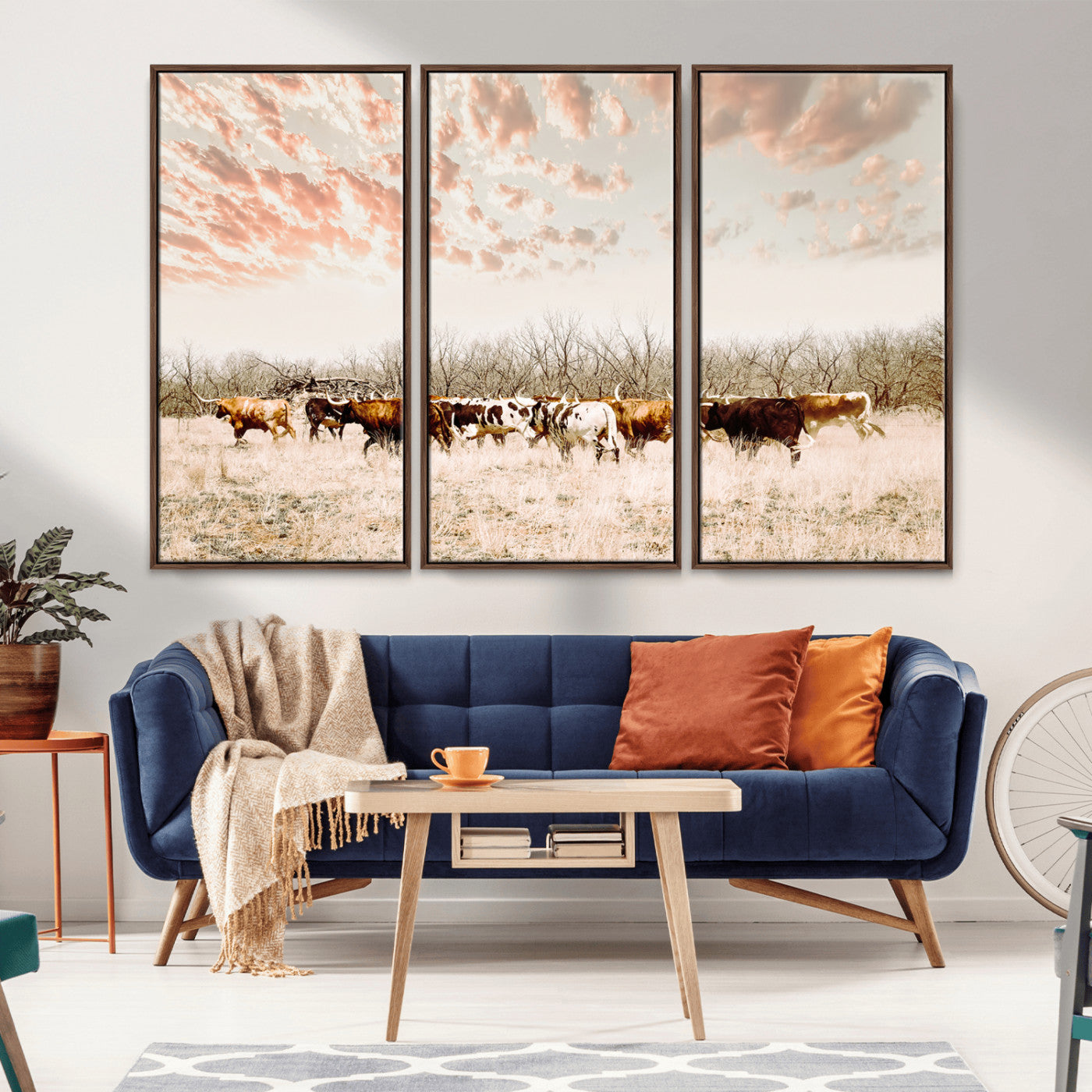 43704663-MGV-FC-48X32-3P_Walnut-Country Cow Herd Wall Art Canvas Print, Framed Farmhouse Cattle Scene Art Picture Print, Rustic Ranch Decor Perfect Rustic