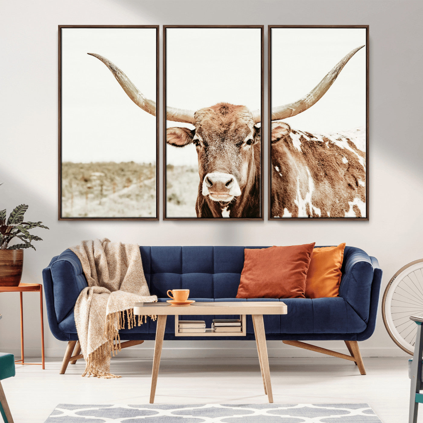 98924580-MGV-CV-36X24-Texas Longhorn Bull Wall Art Canvas Print, Framed Rustic Farmhouse Decor Art Picture Print, Western Animal Theme Perfect Rustic