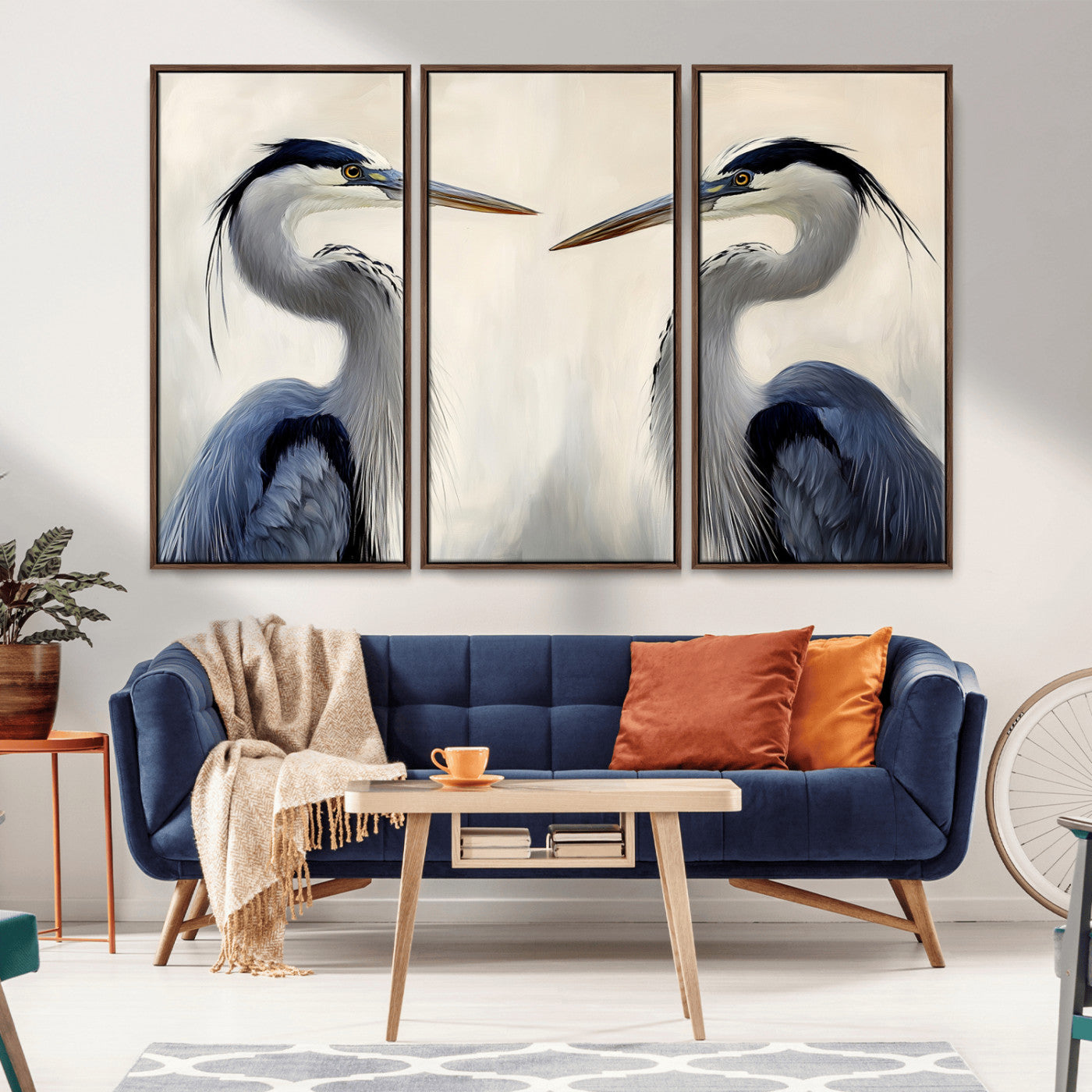18230556-MGV-CV-36X24-Blue Heron Pair Wall Art Canvas Print, Framed Coastal Bird Theme Art Picture Print, Tranquil Wildlife Scene Perfect Coastal