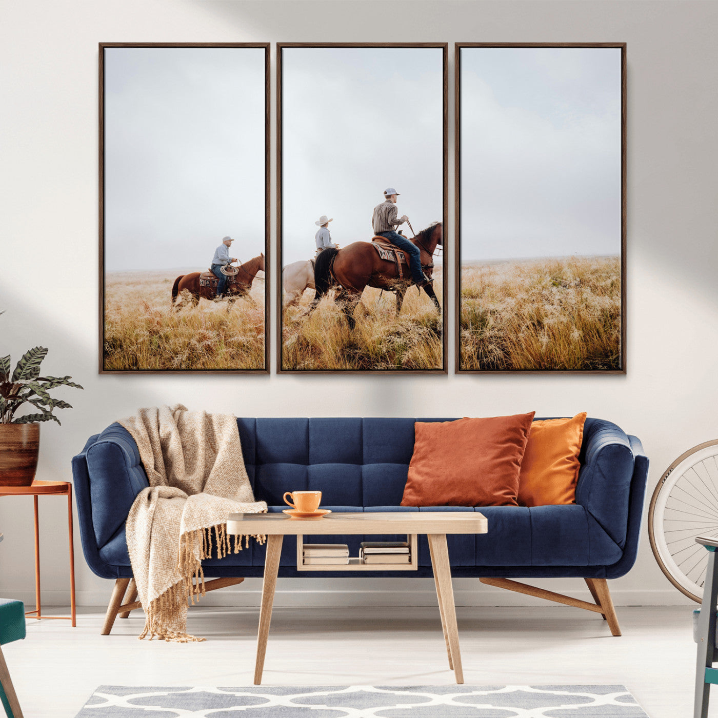 94723307-MGV-CV-36X24-Western Cowboys Wall Art Canvas Print, Framed Rustic Prairie Art Picture Print, Horseback Riding Perfect Rustic Western Decor